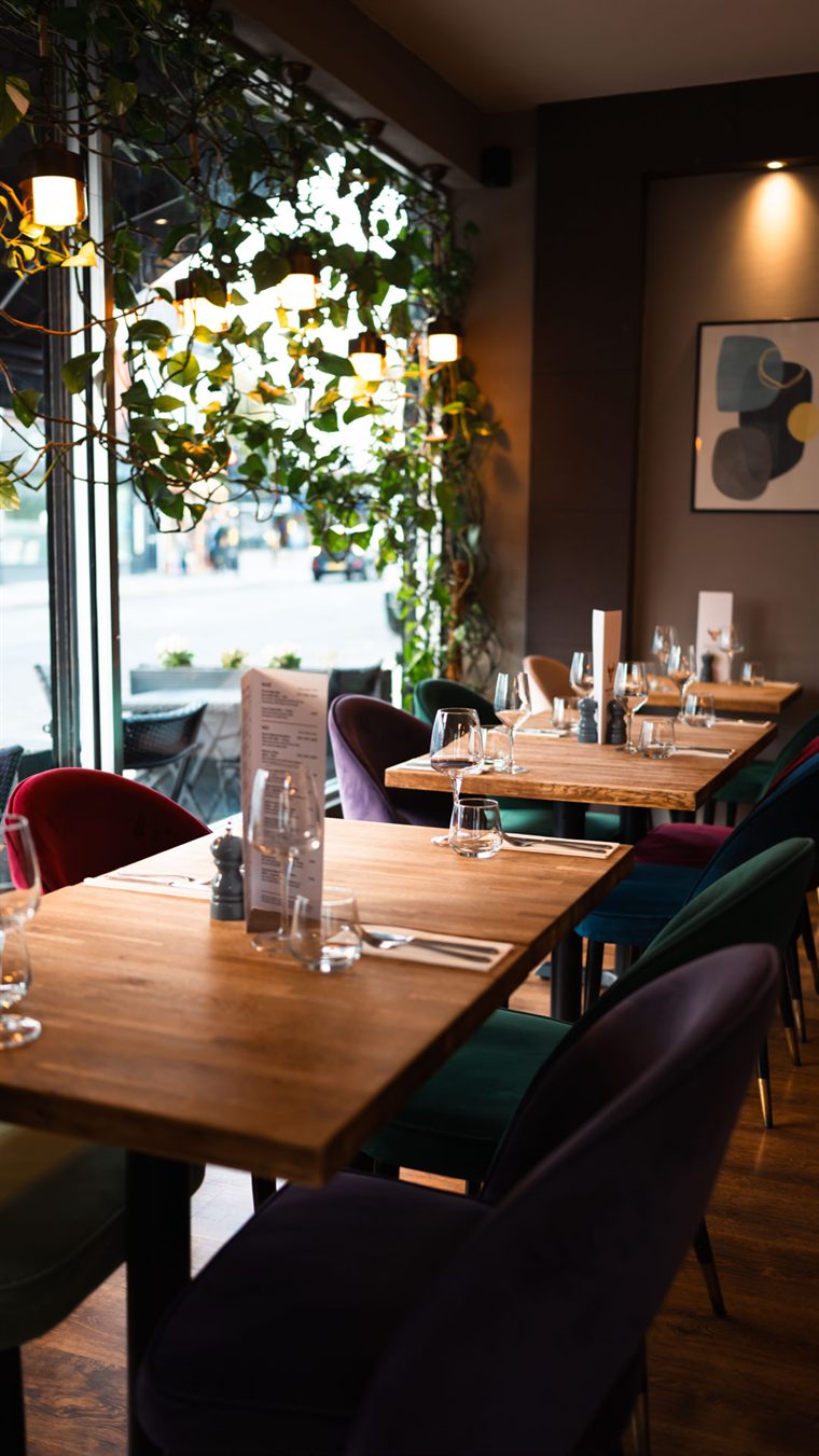 Window tables laid for service in daylight, trailing houseplants and small pendant bulbs hanging above the glass onto South Ealing Road.